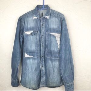Crafted Silver Metallic Stud Embellished Blue Denim Long Sleeve Shirt